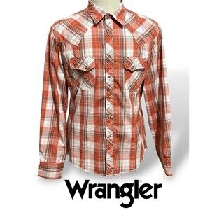 Wrangler Western Style Shirt Orange Brown Plaid Pearl Snap Stitched Men’s Large